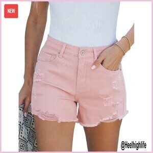 High Waisted Distressed Denim Shorts Stretchy Raw Hem Casual